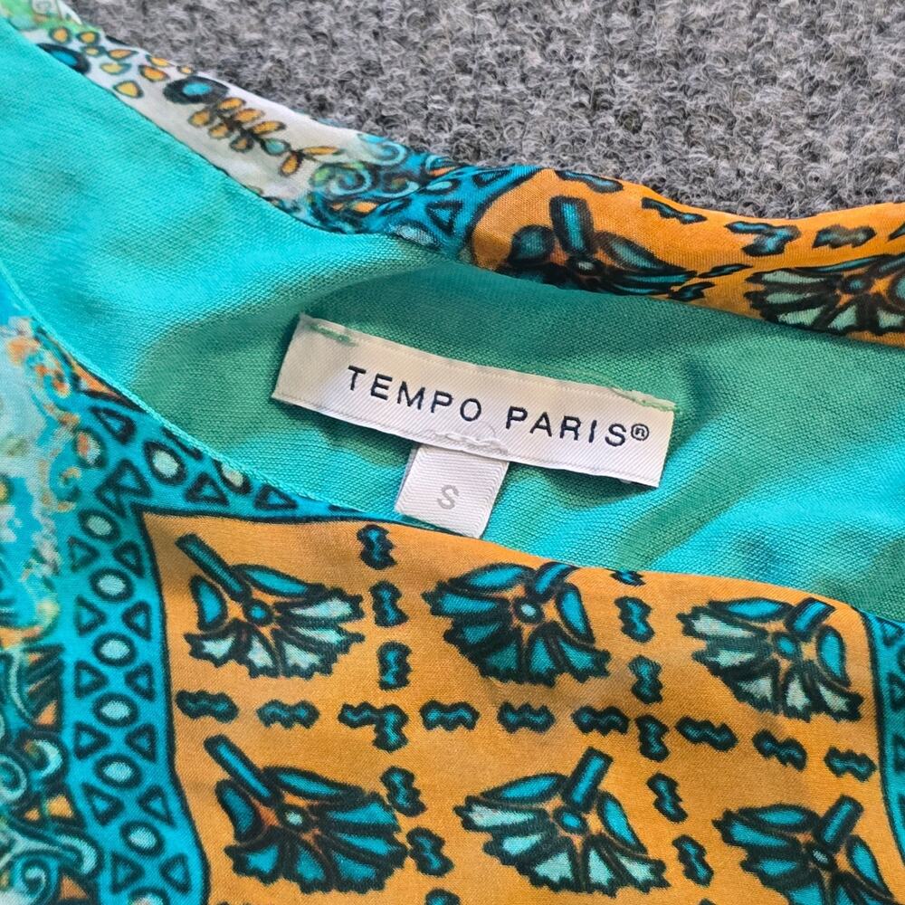 Tempo Paris Top Womens Size Small Green Patchwork Silk Short Sleeve Sheer Lined - Picture 3 of 10